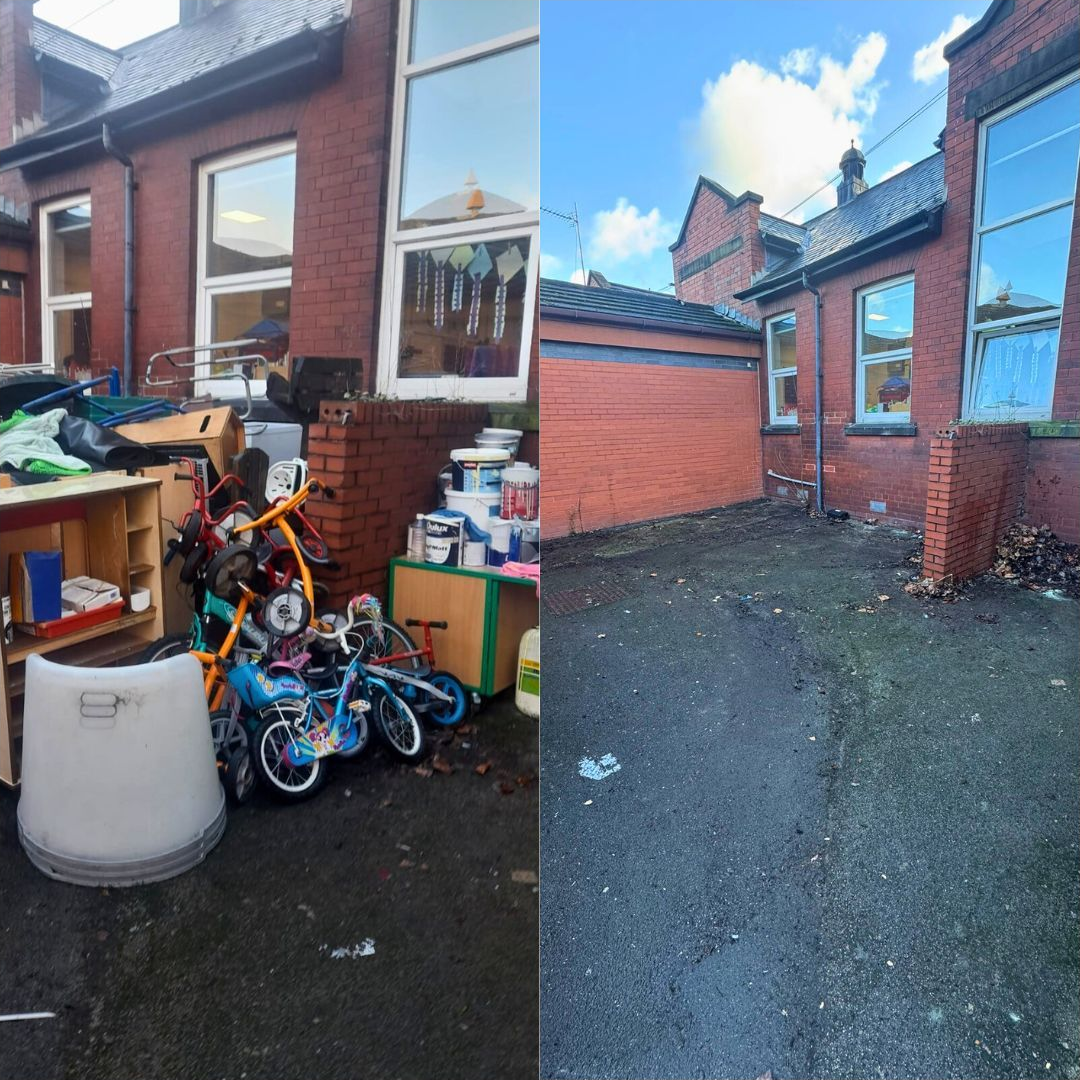 Before and after: bikes, furniture and rubbish piled in a brick courtyard, then the courtyard cleared
