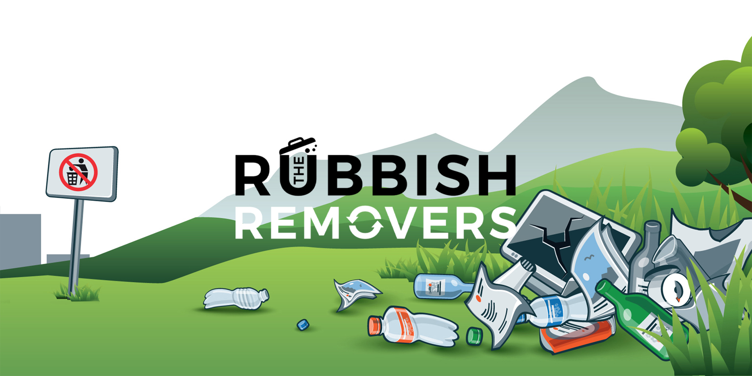 The Rubbish Removers logo on an illustrated green hillside with litter and a no fly-tipping sign
