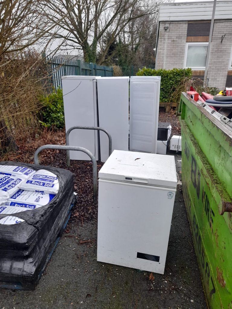 Image showing various fridge/freezers we removed from a school in the Wirral.