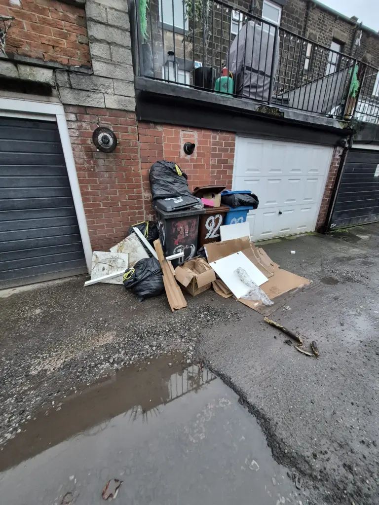 Image of overflowing bin and rubbish surrounding them ready for us to clear.
