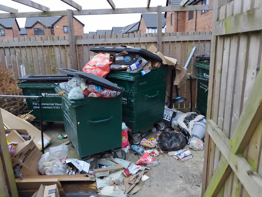 Image showing a commercial bin store overflowing.
