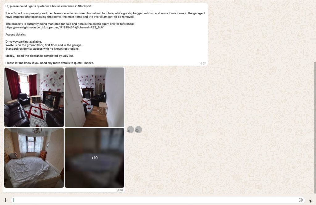 example of how to book rubbish removal on WhatsApp