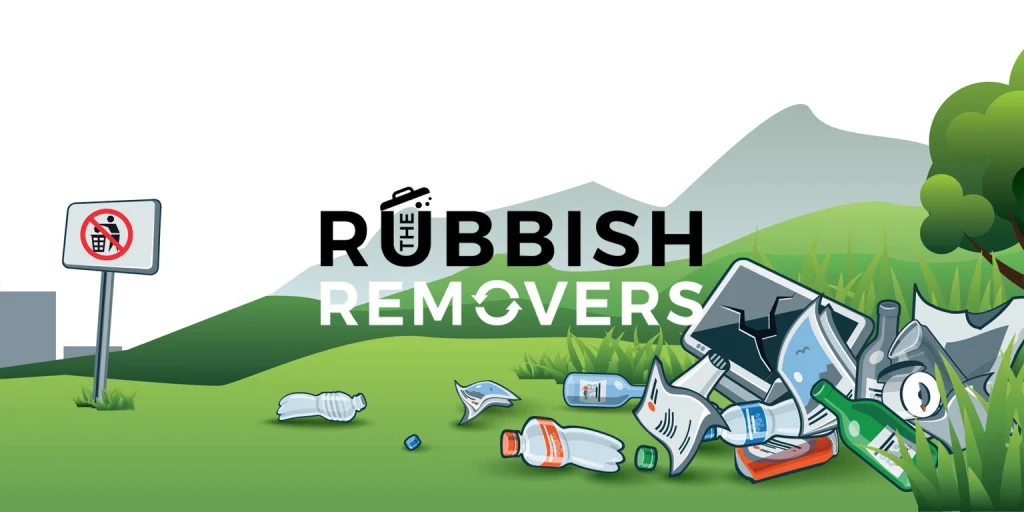 A Cartoon illustration of The Rubbish Removers logo with piles of rubbish